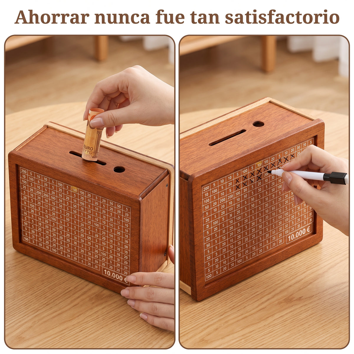 Hucha de madera con reto de ahorro 10.000 €