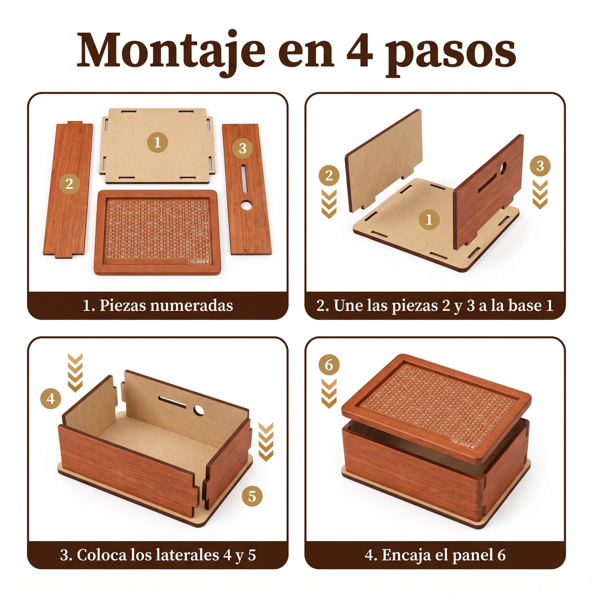 Hucha de madera con reto de ahorro 10.000 €