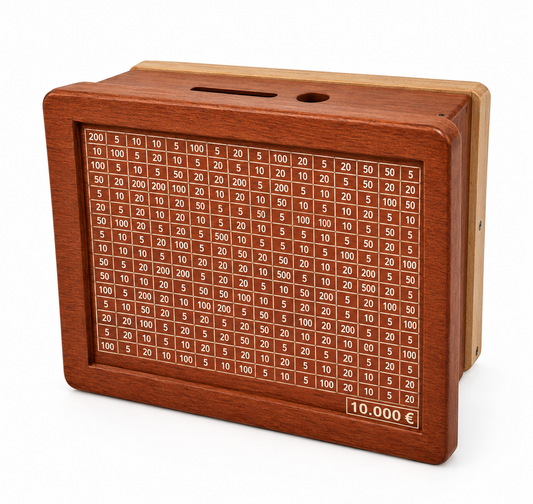 Hucha de madera con reto de ahorro 10.000 €